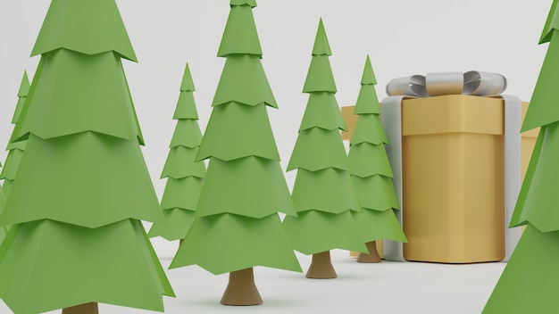 A golden gift box placed behind a green pine tree on a white background for Christmas