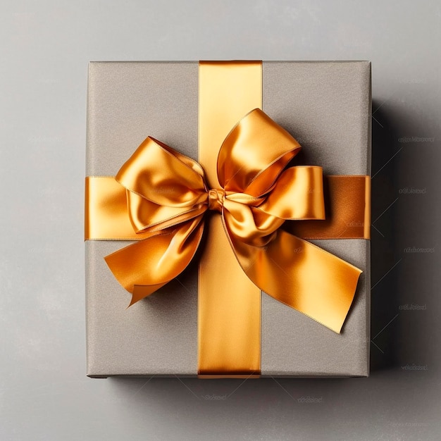 Golden gift box with gold ribbons on the table