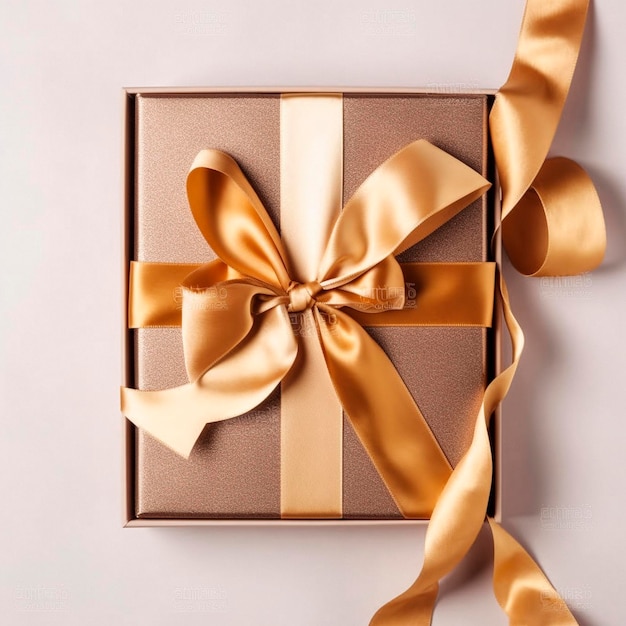 Golden gift box with gold ribbons on the table