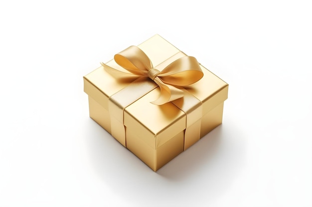 Golden gift box with ribbon bow isolated on white background