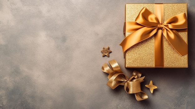 Golden Gift Box with Ribbon Flat Lay View Generative AI