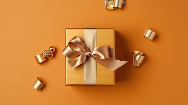 Golden Gift Box with Ribbon Flat Lay View Generative AI