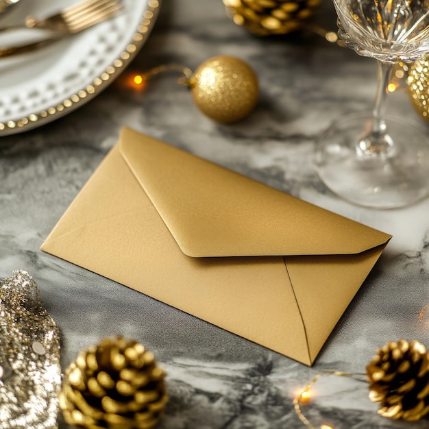 Photo golden gift envelope with metallic accents designed for a new year39s celebration lying on a table w