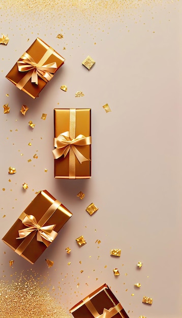 Golden gift or present boxes with golden bows with Generative AI Technology