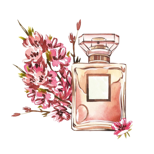 Golden glass perfume bottle with branch pink flowers isolated on white watercolor handrawn