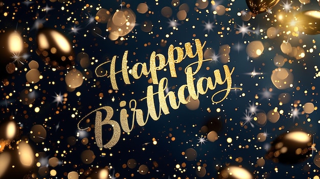 Photo golden glitter happy birthday greeting with bokeh lights