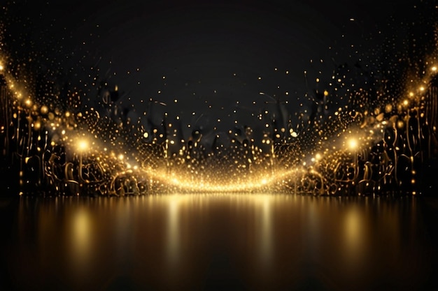 Golden Glitter Lights on Black Background Abstract Particle Sparkle