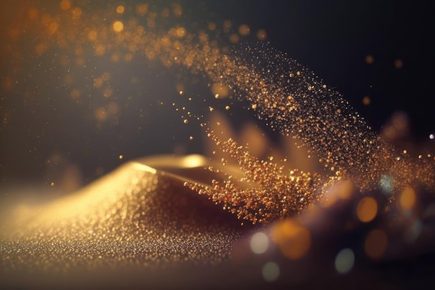 Golden glitter lights on isolated on dark background Gold glitter dust defocused texture Abstract sparkle particle bokeh