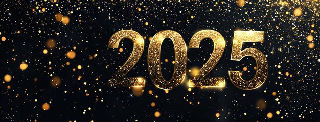 Photo golden glitter numbers 2025 on black background with gold confetti and sparkles generative ai