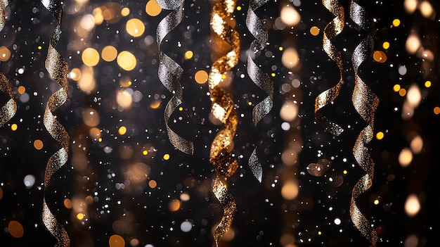 Photo golden glitter star and confetti on a black background with bokeh lights for celebration or party th