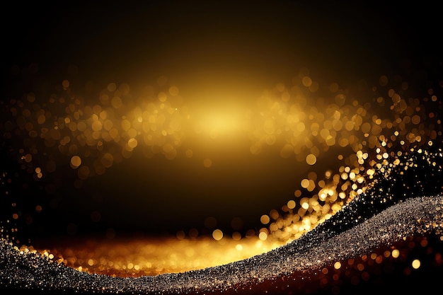 Golden glittering particles on black background. abstract glowing particles bokeh