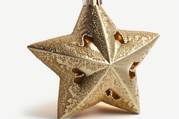 Golden glittering star shaped Christmas ornament isolated on white background