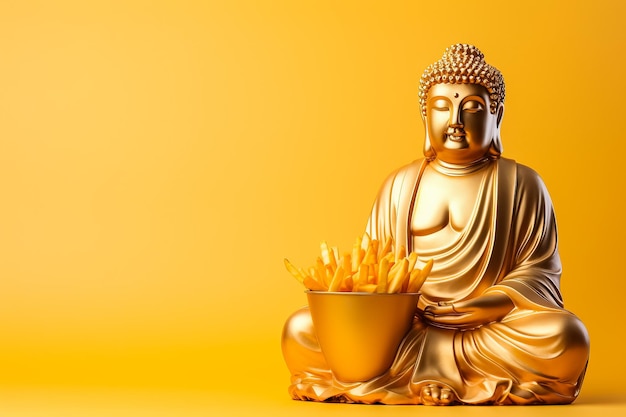 Golden glossy budha with French fries isolated on pastel background with a place for text