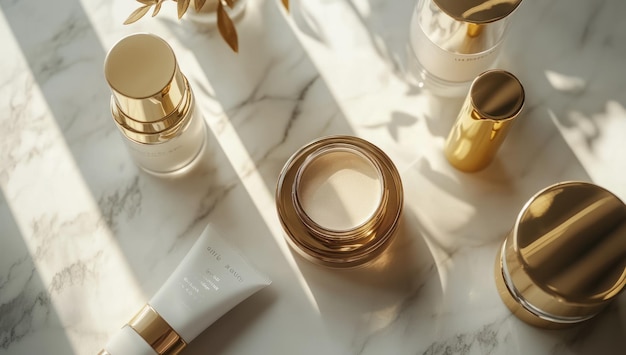 Photo golden glow beauty products on marble surface