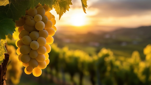 Golden grapes hanging in vineyard at sunset