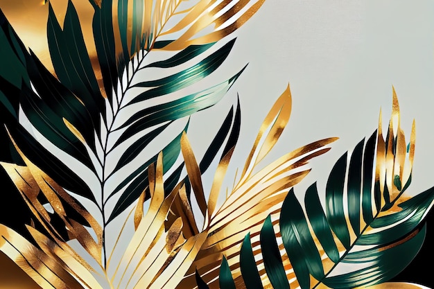 Golden and green tropical leaves illustration Generative AI