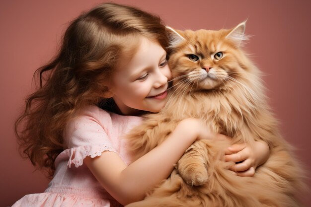 Golden haired beautiful caucasian little girl hugging fluffy ginger cat on peach colored background