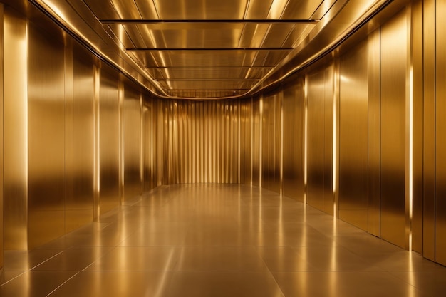 Golden hallway with a round window at the end The hallway is decorated with intricate details includ