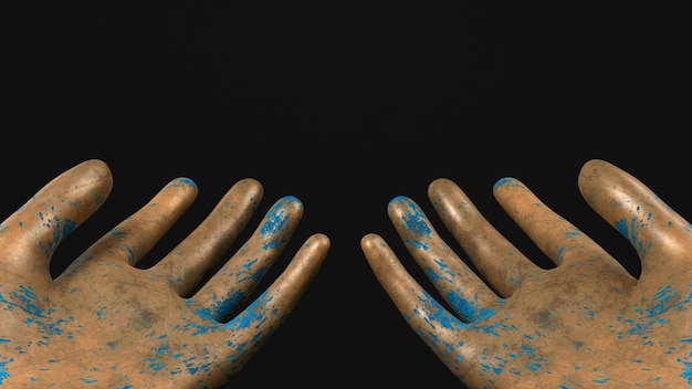 Golden Hands with blue paint 3D render Abstract illustration modern design