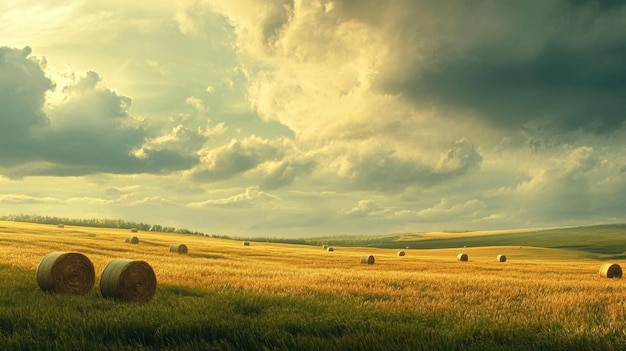 Photo golden hay bales in a field with dramatic clouds realistic photo