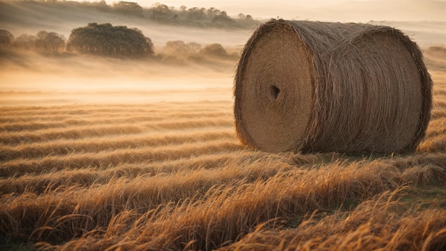 Photo golden hay bales in morning mist a picturesque scene of golden hay bales in a field of stubble