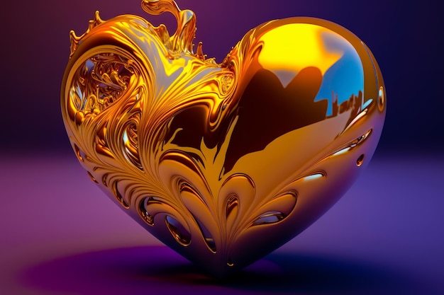 Golden heart shaped object on purple background Generative AI