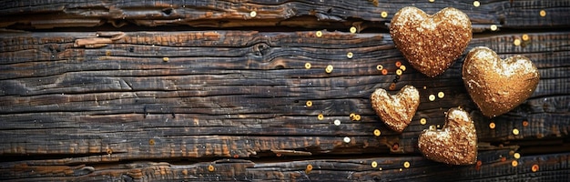 Photo golden hearts scattered on rustic wood background