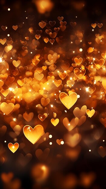 Golden hearts with gold lights on beautiful dark background valentines day card