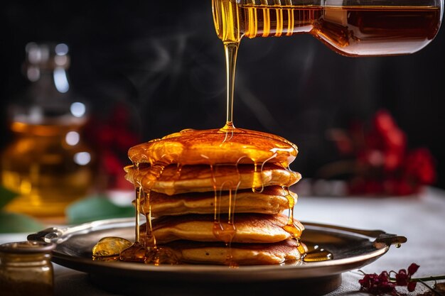 Photo golden homemade pancakes with a drizzle of syrup