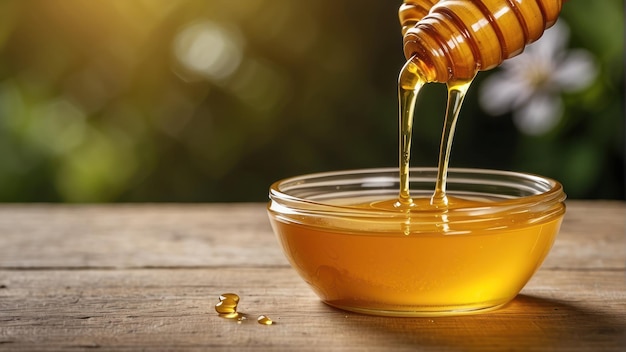 Golden honey being poured from a wooden spoon into a jar