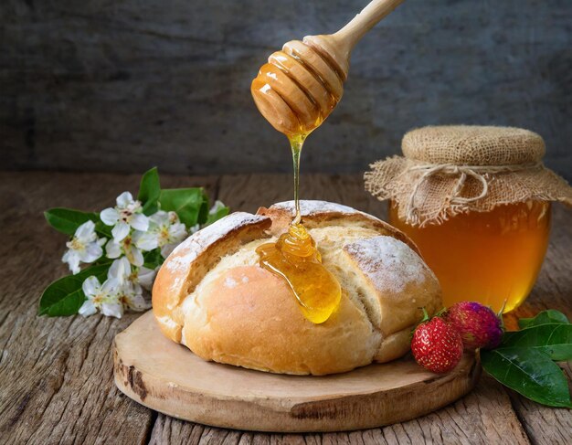 Photo golden honey dripping from wooden dipper onto freshly baked bread