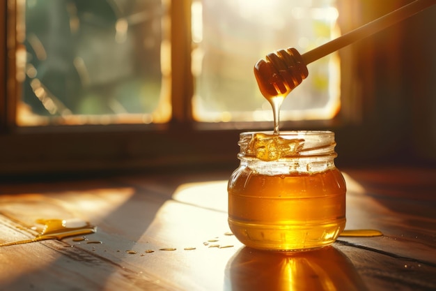 Golden Honey Dripping Into Glass Jar on a Sunny Day