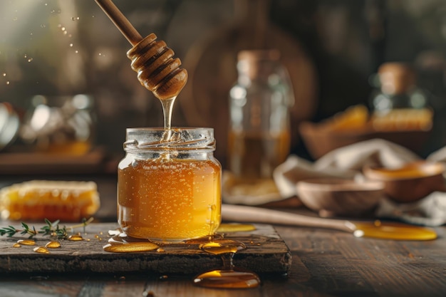 Golden Honey Dripping into Glass Jar