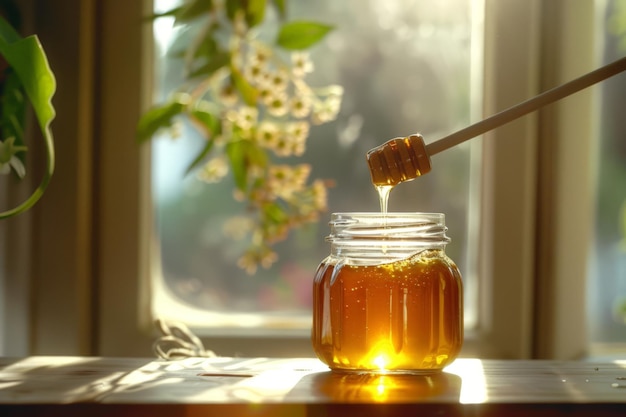 Golden Honey Dripping into a Jar by a Window