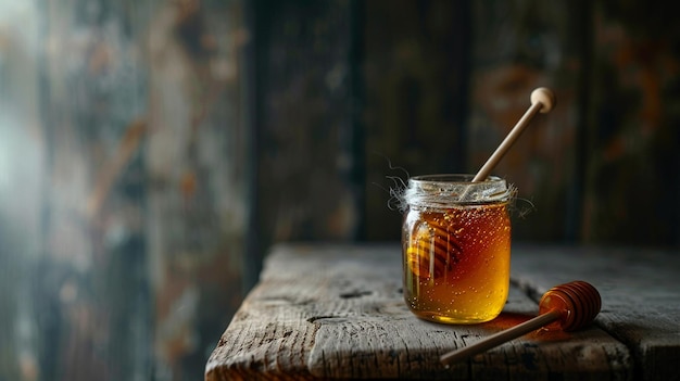 Photo golden honey jar on wooden table natural sweetness on display