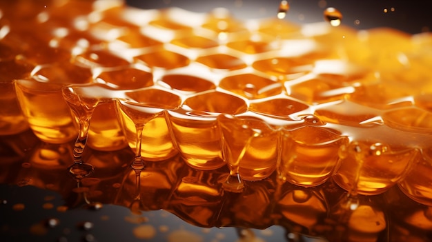 Golden honey pouring on honeycomb closeup with warm light