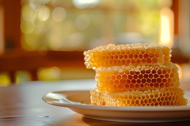 Golden Honeycomb on a White Plate