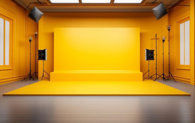 Golden Horizon Perspective Floor Backdrop in a Yellow Room Generative Ai