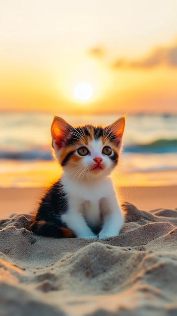 Golden Horizon Playful Kitten at Sunset