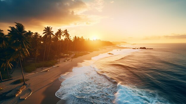 Golden Horizons Aerial Shot of Beach Landscape at Sunset with Palm Trees