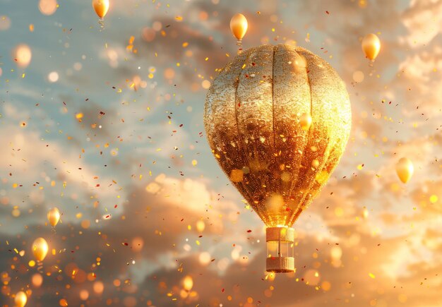 Photo golden hot air balloon soaring through a festive sky