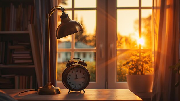 Photo golden hour alarm clock and lamp on a table