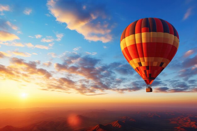 Golden Hour Ascent Hot Air Balloon Soars Against the Sunset Sky a Captivating Display of Tranquil Adventure