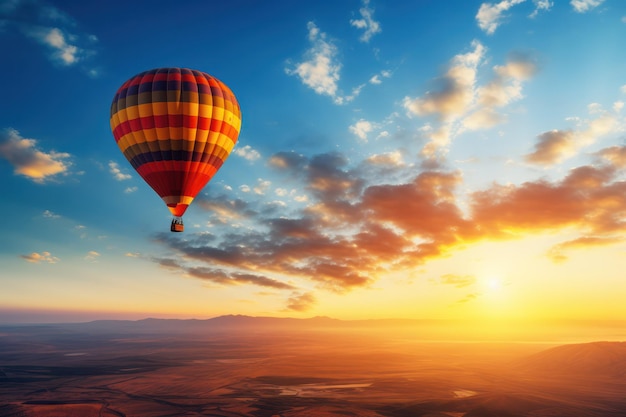 Golden Hour Ascent Hot Air Balloon Soars Against the Sunset Sky a Captivating Display of Tranquil Adventure