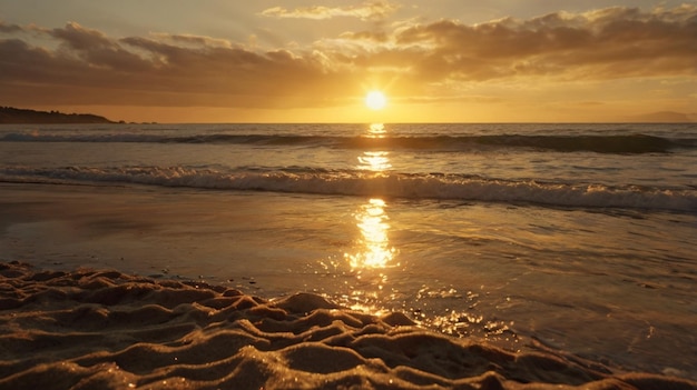 Golden hour beach scene with the sun setting over the horizon