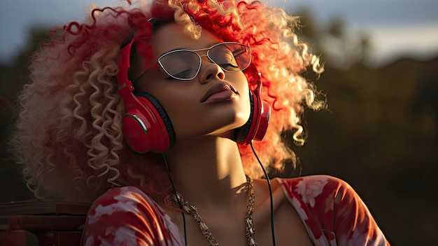 Golden Hour Bliss A CurlyHaired Woman in Floral Euphoria Immersed in Music Surrounded by Poppies