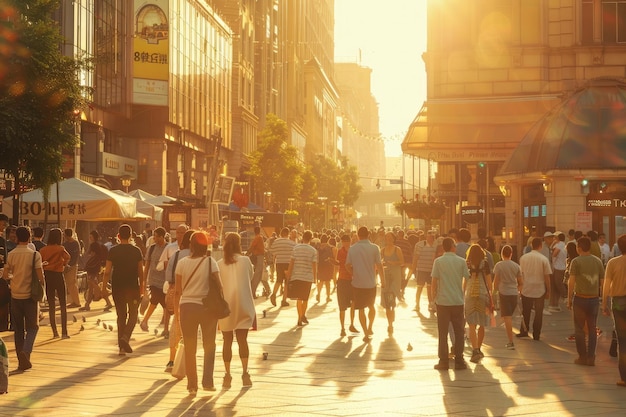 Golden Hour in Bustling City Square People Enjoying Street Performers and Food Vendors