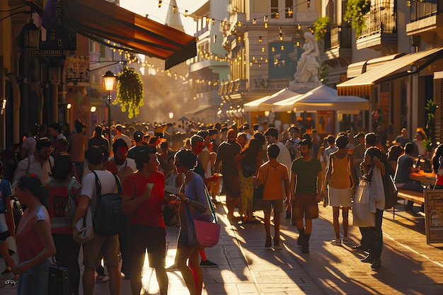 Golden Hour in Bustling City Square People Enjoying Street Performers and Food Vendors