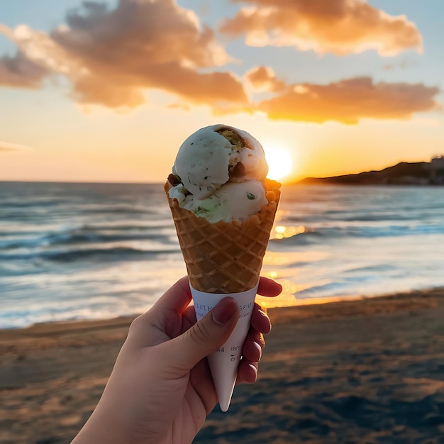 Golden Hour Delight A Waffle Cone with Pistachio Ice Cream Under a Sunset Sky