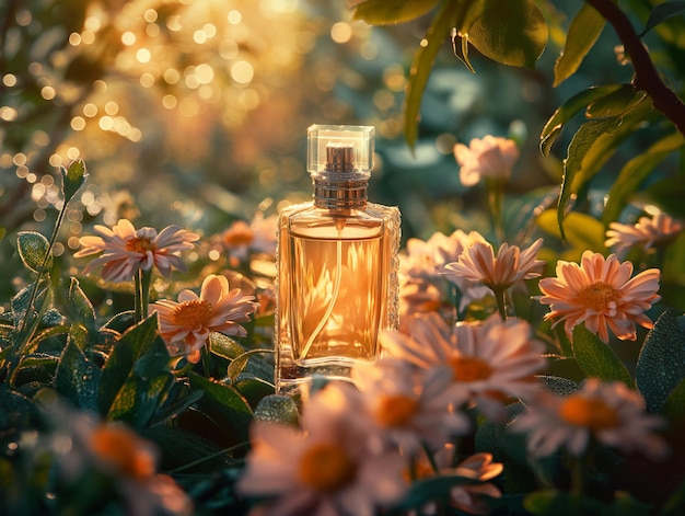 Golden Hour Essence with Perfume and Daisies Generative AI